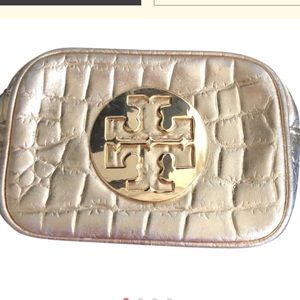 Tory Burch gold leather makeup bag
